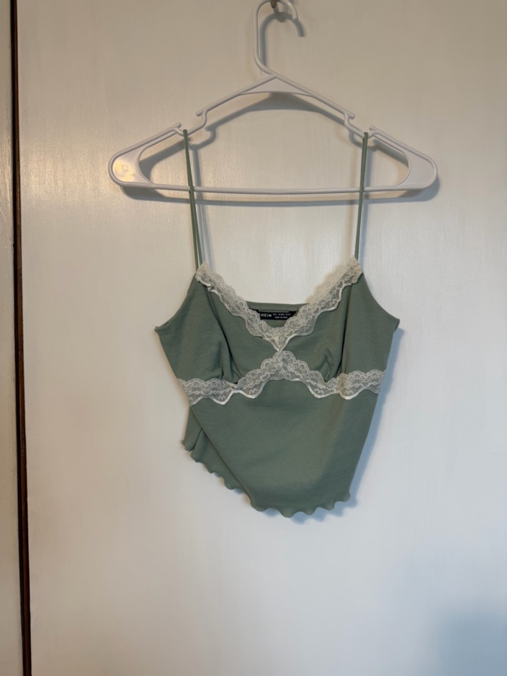 SHEIN Sage Green Ribbed Lace-Trim Cami